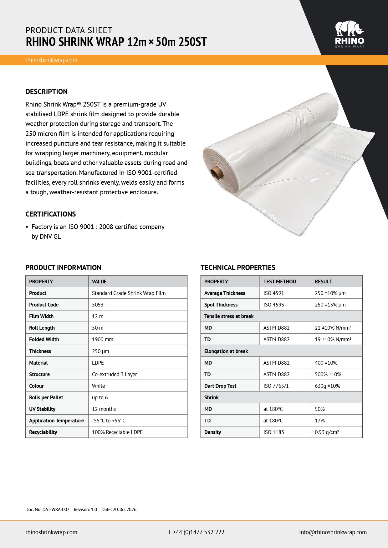 Rhino Shrink Wrap 12m x 50m 250 ST shrink wrap product data sheet