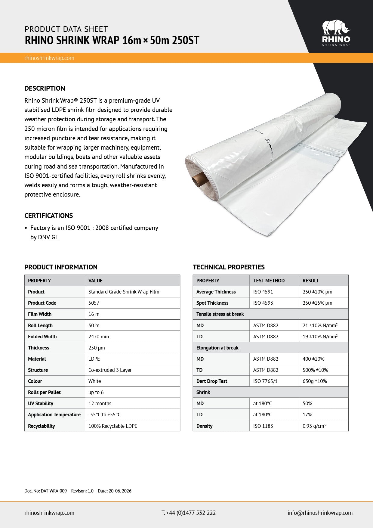 Rhino Shrink Wrap 16m x 50m 250 ST shrink wrap product data sheet