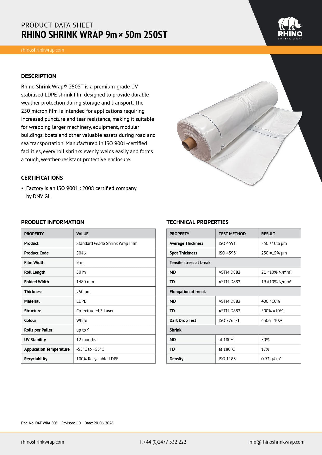 Rhino Shrink Wrap 9m x 50m 250 ST shrink wrap product data sheet