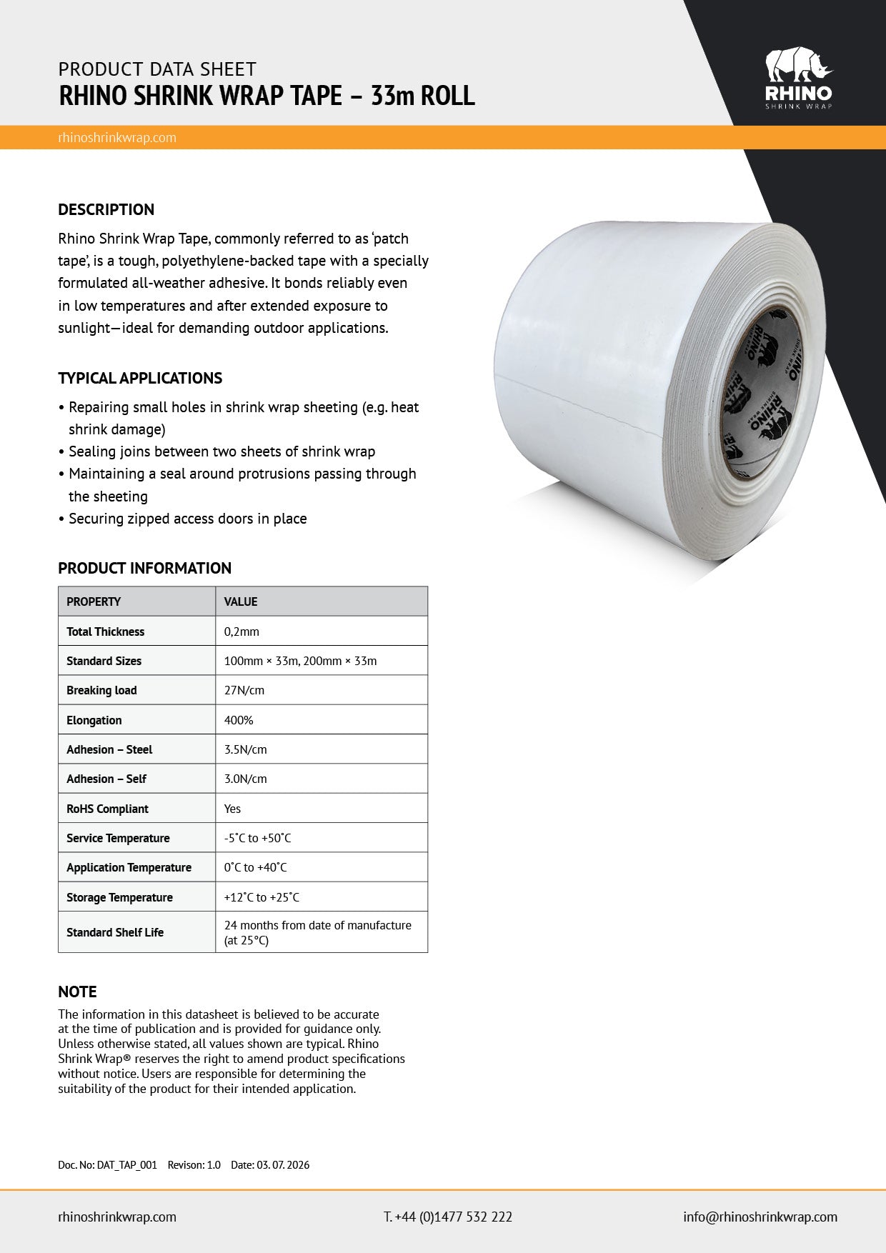 Datasheet for Rhino Shrink Wrap Tape - 33m long roll