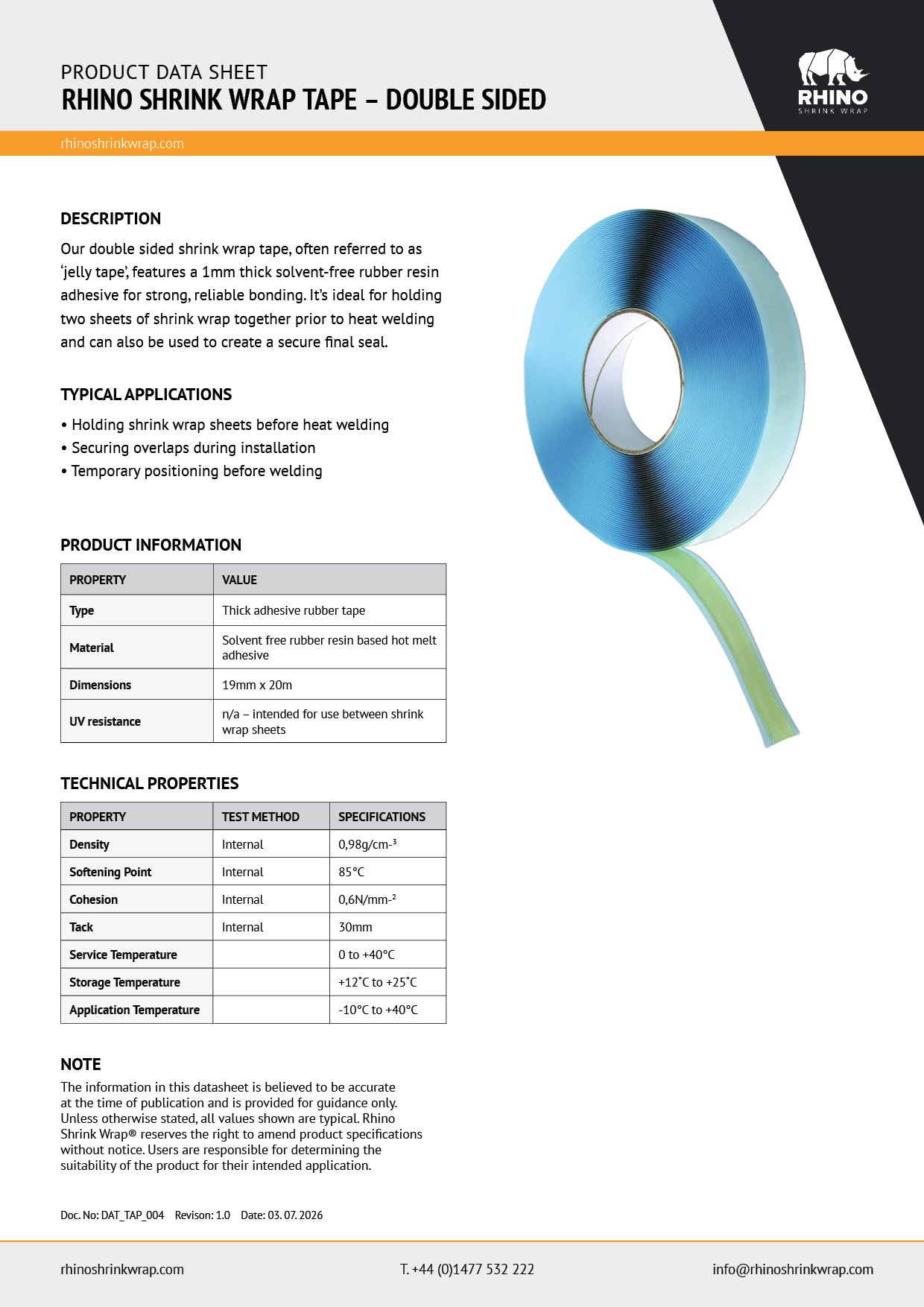 Datasheet for Double Sided Rhino Shrink Wrap Tape