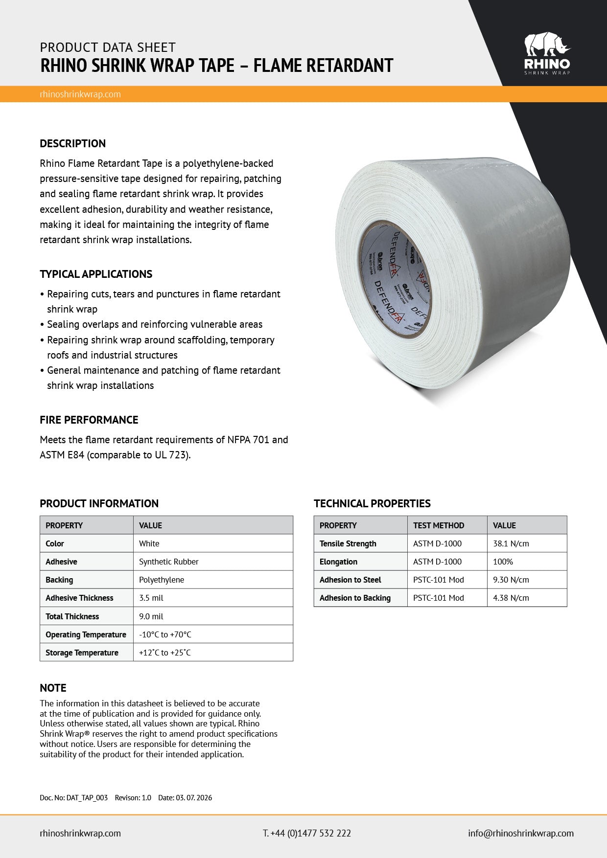 Rhino Shrink Wrap Flame Retardant Tape Datasheet