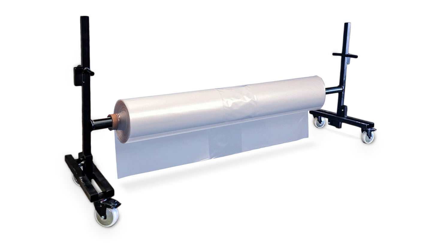 A shrink wrap roll stand consisting of a metal frame with a 2m wide pole and lockable nylon castors, holding a roll of plastic shrink wrap.