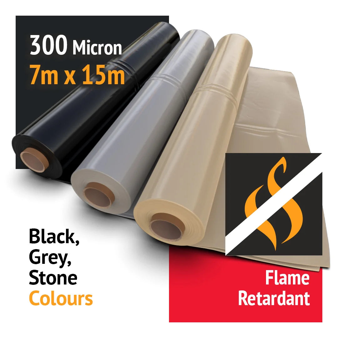Flame Retardant Shrink Wrap Film 300 Micron 7m x 15m - For Scaffolding (Black / Stone / Grey)