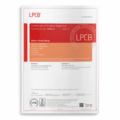 LPCB LPS 1207 Certificate for Rhino Shrink Wrap 300FR protective covering material