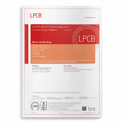 LPCB LPS 1215 Certificate for Rhino Shrink Wrap 300FR scaffold cladding material