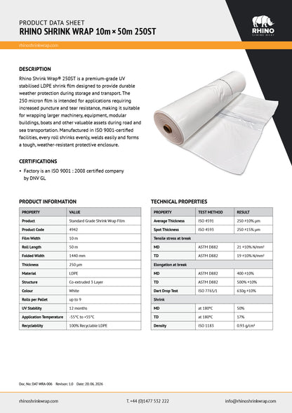 Rhino Shrink Wrap 10m x 50m 250 ST shrink wrap product data sheet