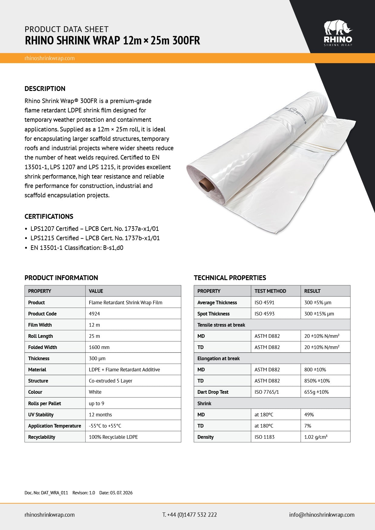 Datasheet for Rhino Shrink Wrap 12 x 25m, 300FR