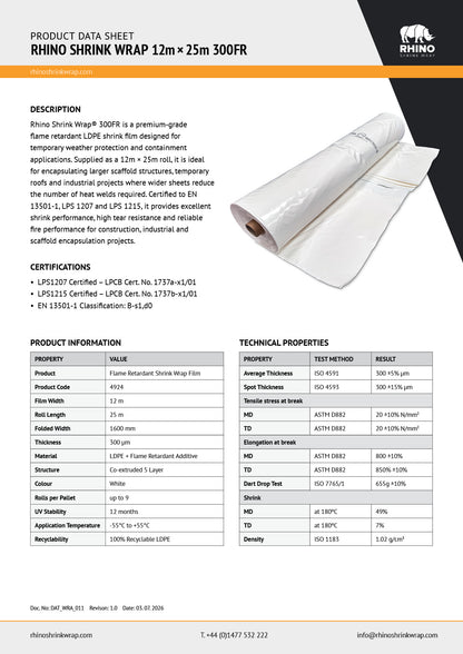 Datasheet for Rhino Shrink Wrap 12 x 25m, 300FR