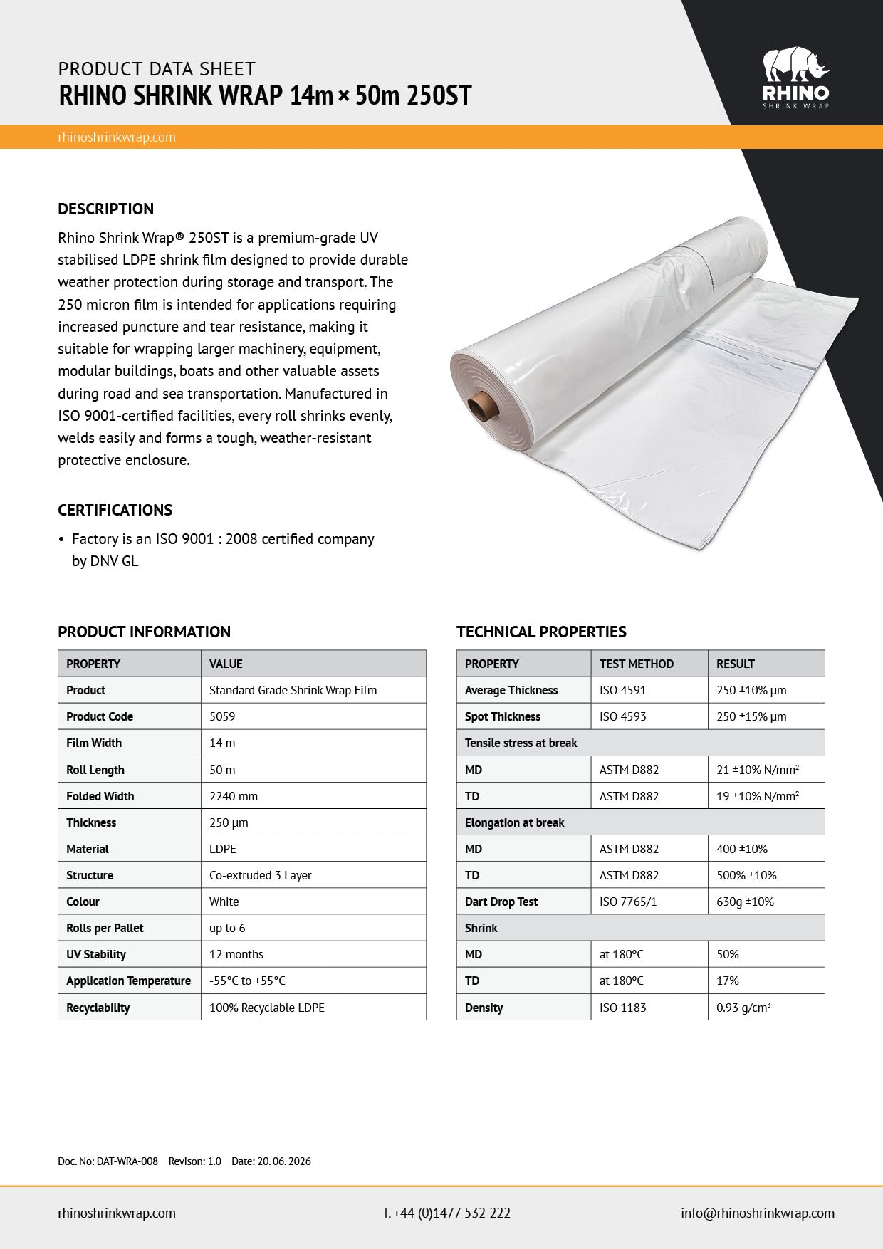 Rhino Shrink Wrap 14m x 50m 250 ST shrink wrap product data sheet