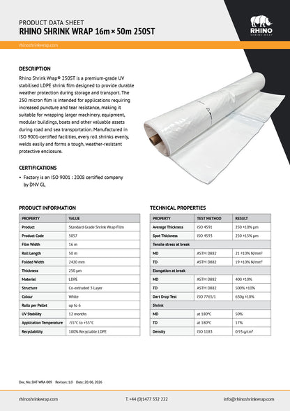 Rhino Shrink Wrap 16m x 50m 250 ST shrink wrap product data sheet