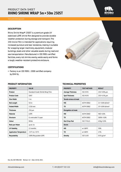 Rhino Shrink Wrap 5m x 50m 250 ST shrink wrap product data sheet