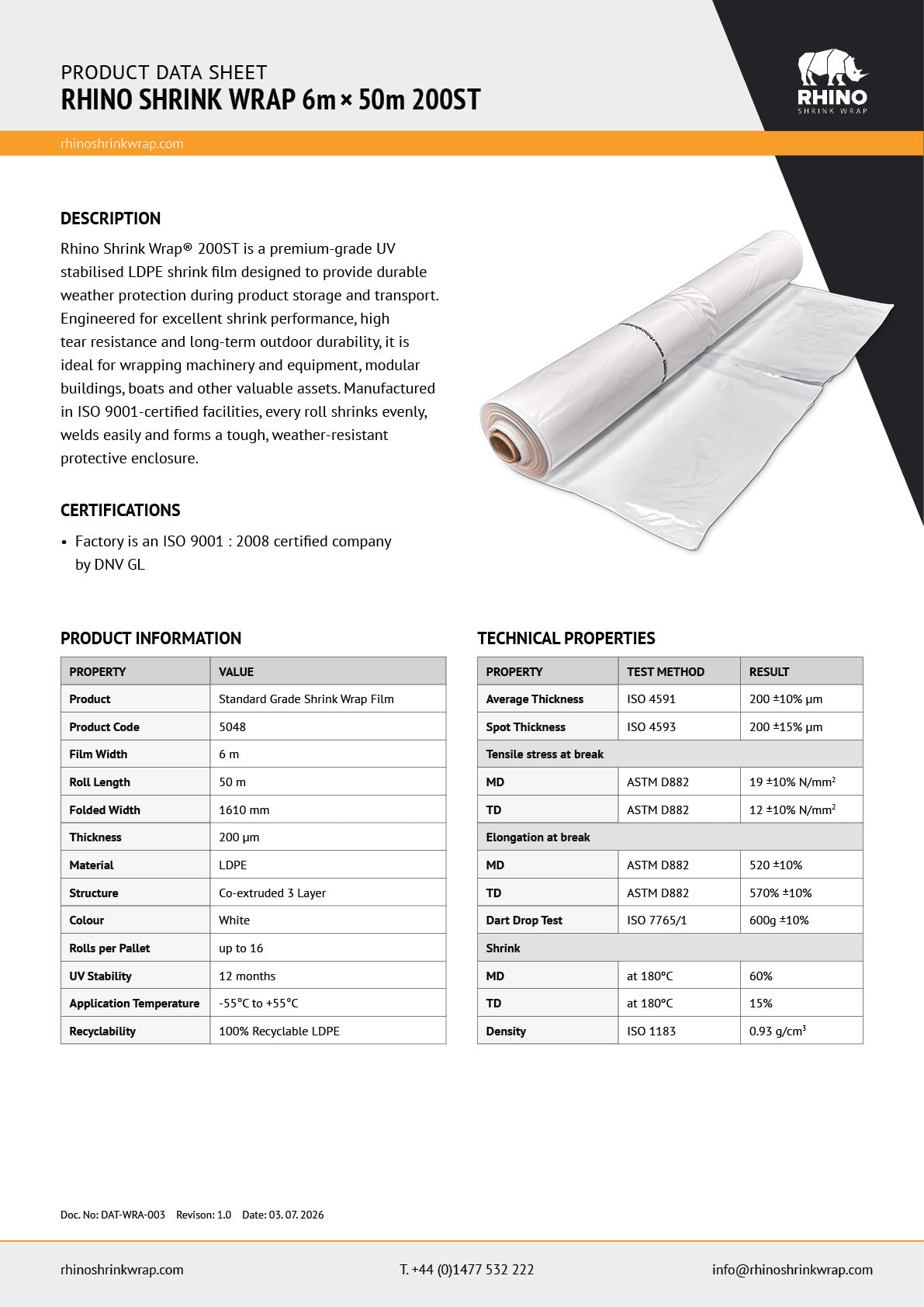 Rhino Shrink Wrap 6m x 50m 200 ST shrink wrap product data sheet