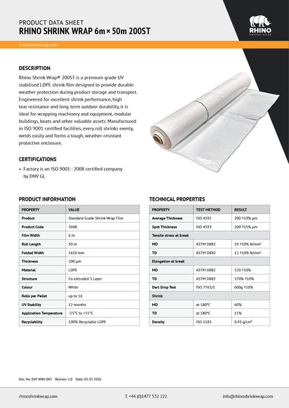 Rhino Shrink Wrap 6m x 50m 200 ST shrink wrap product data sheet