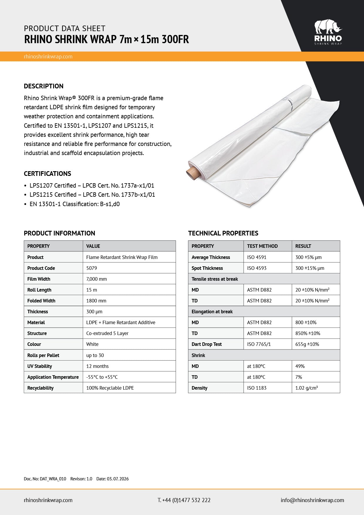 Rhino Shrink Wrap 7m x 15m 300 Flame Retardant shrink wrap product data sheet