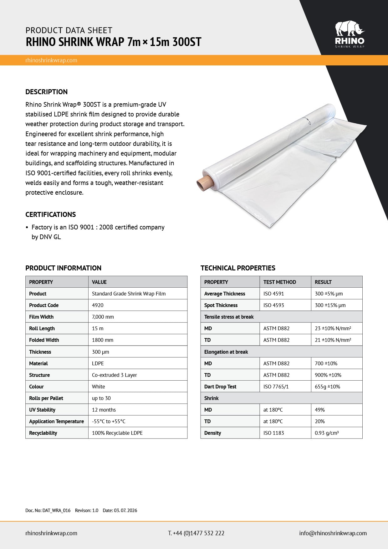 Rhino Shrink Wrap 7m x 15m 300 ST shrink wrap product data sheet