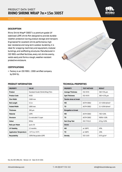 Rhino Shrink Wrap 7m x 15m 300 ST shrink wrap product data sheet