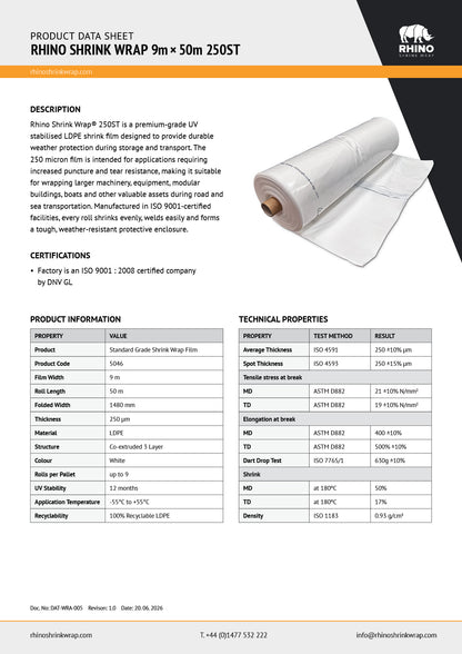 Rhino Shrink Wrap 9m x 50m 250 ST shrink wrap product data sheet