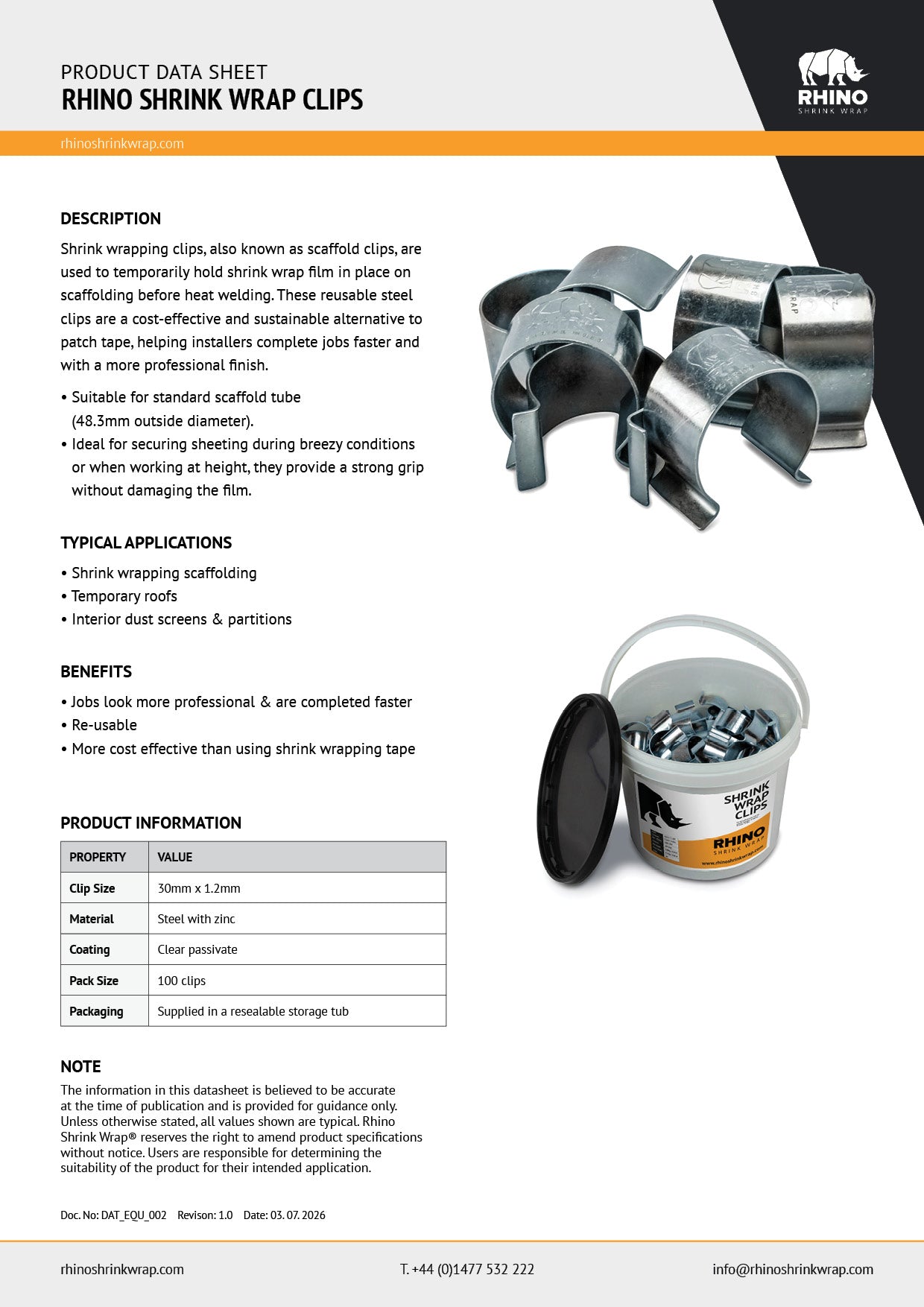 Rhino Shrink Wrap scaffold clips product data sheet with specifications, applications and product information.