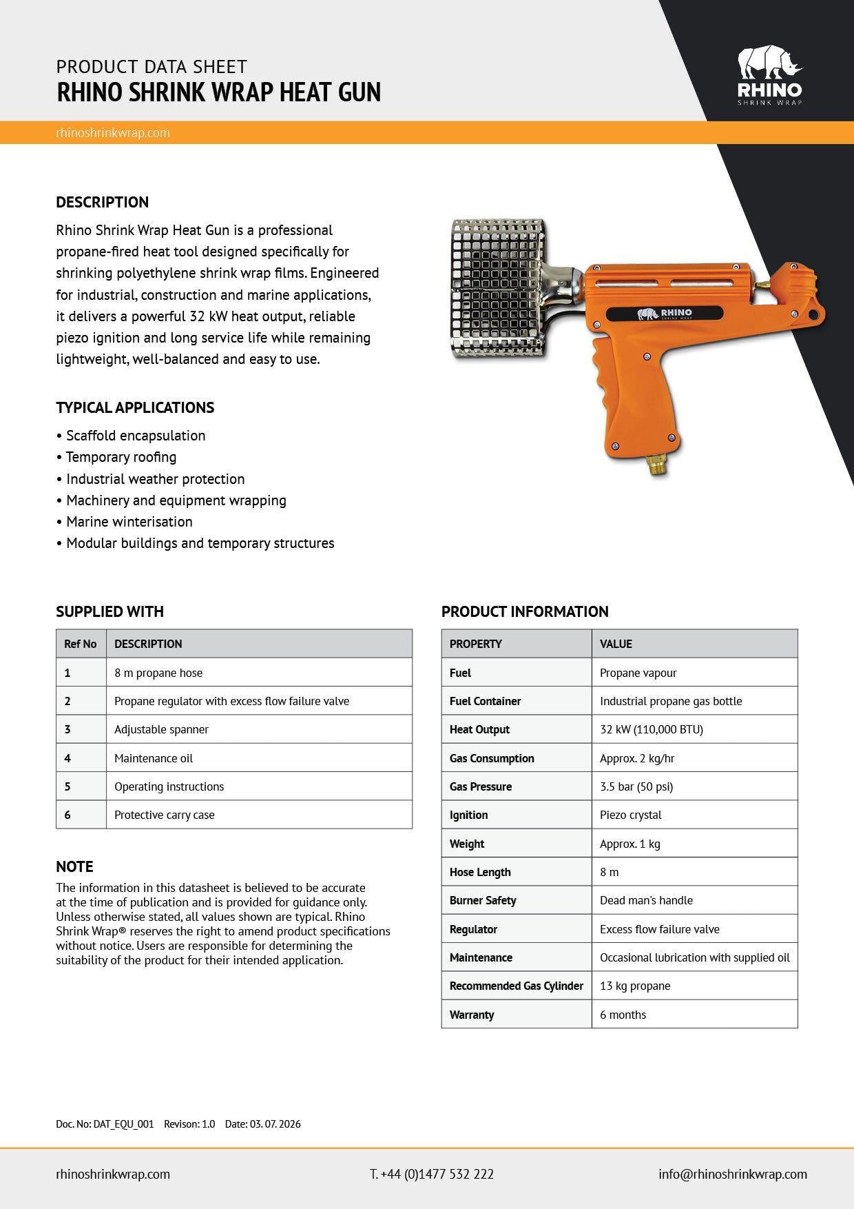 Rhino shrink wrap heat gun kit product data sheet with specifications and operating information.