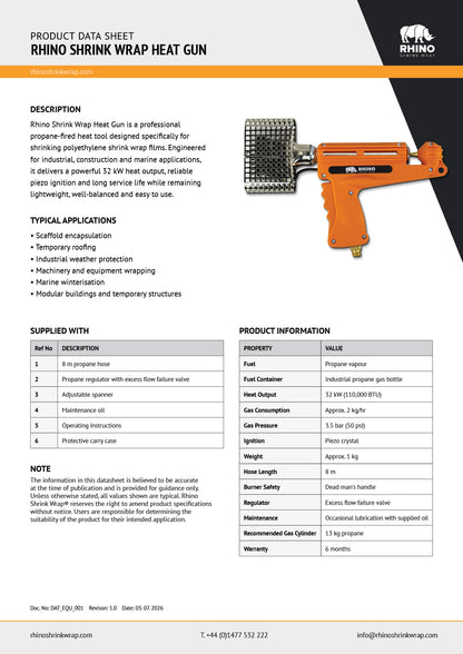 Rhino shrink wrap heat gun kit product data sheet with specifications and operating information.