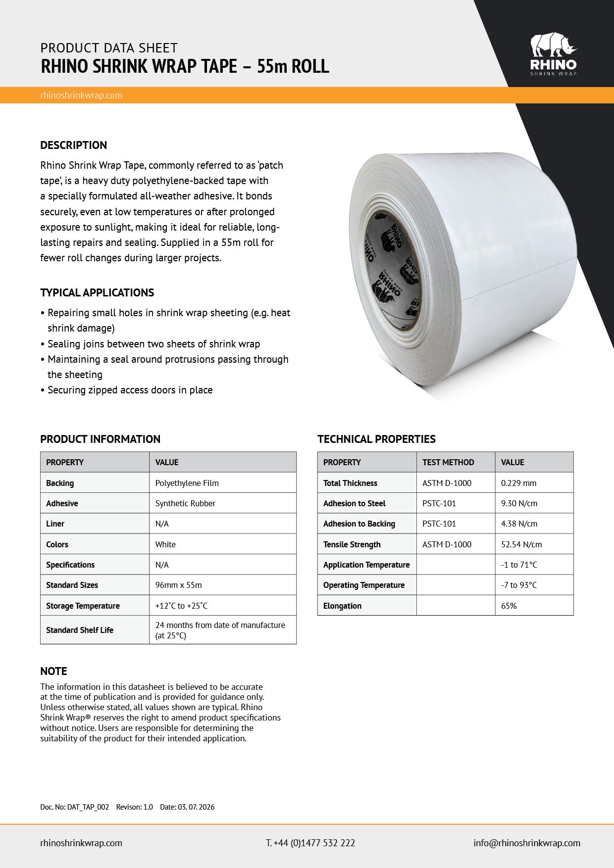 Datasheet for Rhino Shrink Wrap Tape - 55m long