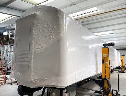 Train carriage protected with Rhino Shrink Wrap 10m wide shrink wrap film for storage and transport