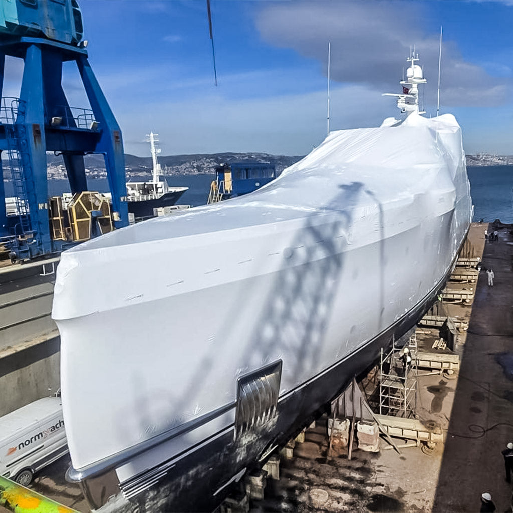 Superyacht enclosed with Rhino Shrink Wrap for weather protection during refit