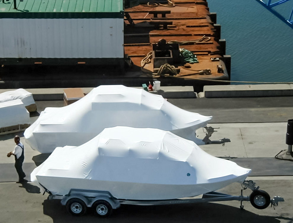 Boats protected with Rhino Shrink Wrap 6m wide shrink wrap film for storage and transport