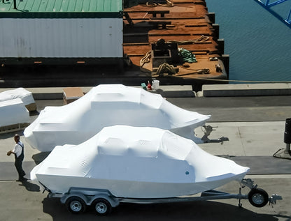 Boats protected with Rhino Shrink Wrap 6m wide shrink wrap film for storage and transport