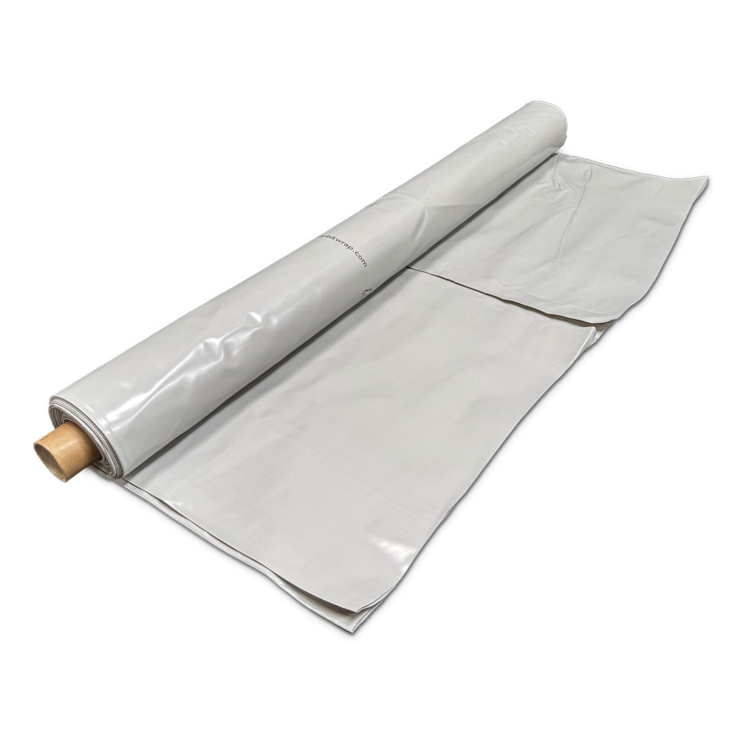Rhino 300 micron shrink wrap film roll 7m x 15m grey partially unrolled