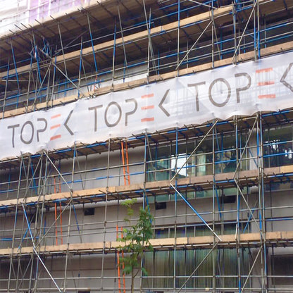 Standard Printed Debris Netting on a live job scaffolding structure.